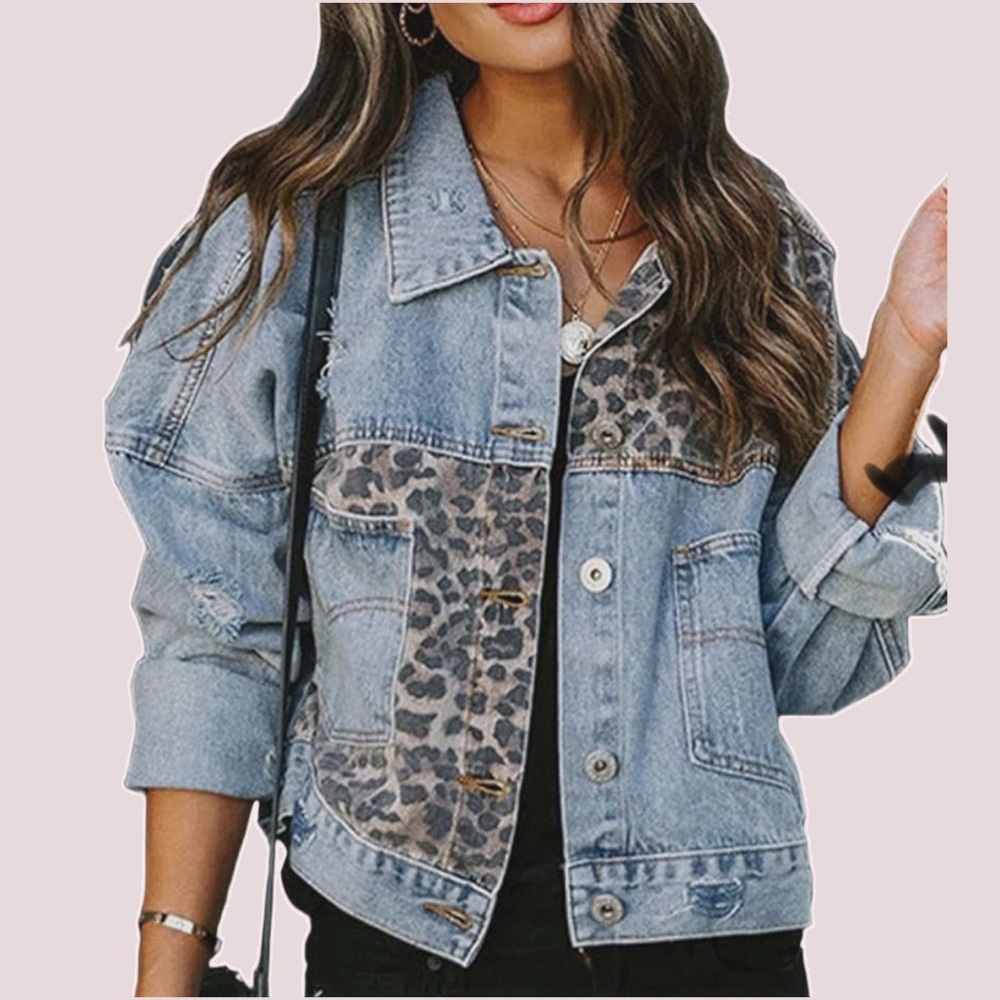 Women's Blue Leopard Print Jean Jacket